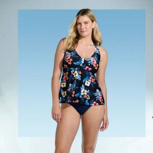Lands' End Women's Flutter Halter Tankini Top Black Floral XS